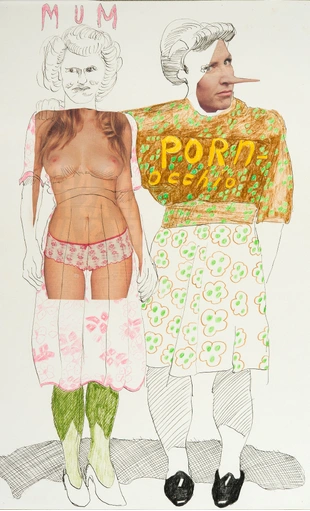 Sunny Series 1, pen, ink, coloured pencil and collage on paper, 56.5 x 37 cm.