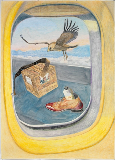 Travel 2 (My Box and some Eagle), coloured pencil and watercolour on paper, 215 x 154 cm.