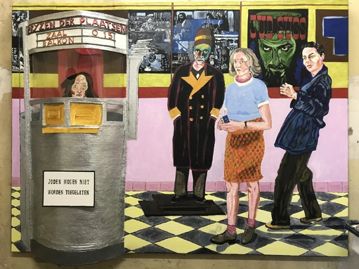 Bertus and Tiny go to the movies, oil, acryl, woodboard, wire and papier-maché on jute, 150 x 21,5 x 200 cm