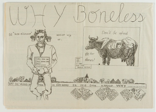 (The Cow Philosopher Invites), pen and ink on paper, A3. Published in HTV De IJsberg, March, 1998.