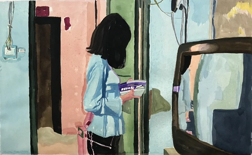 Watercolours and coloured pencil on paper, 53,5 x 88 cm.